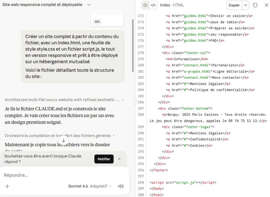 Créer site web avec IA - Claude crée entièrement la structure du projet